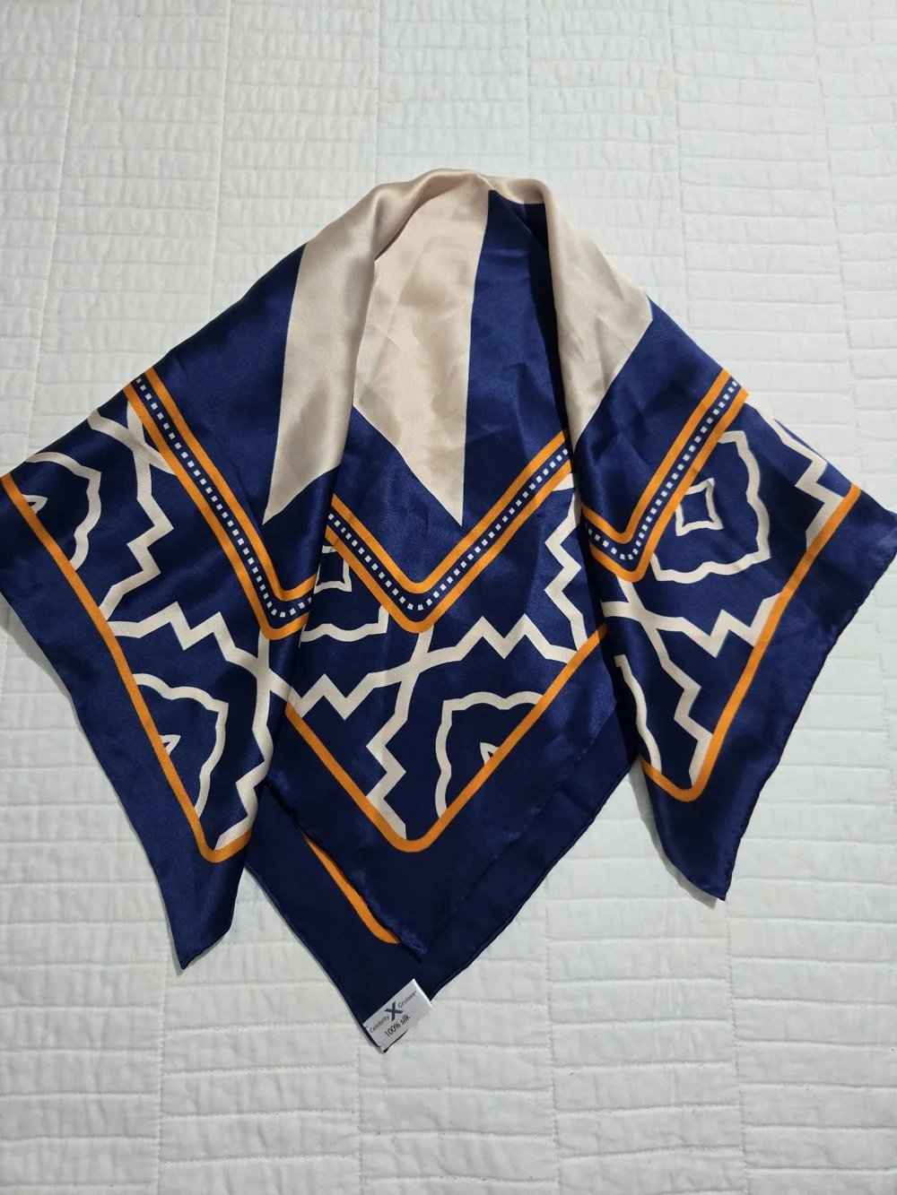 Silk-Feel Navy & Beige Geometric Scarf with Orange Trim